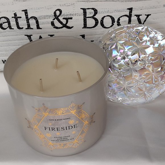 BATH & BODY WORKS 'FIRESIDE' 3~WICK SCENTED CANDLE DECORATIVE IRIDESCENT TOP - Picture 4 of 9